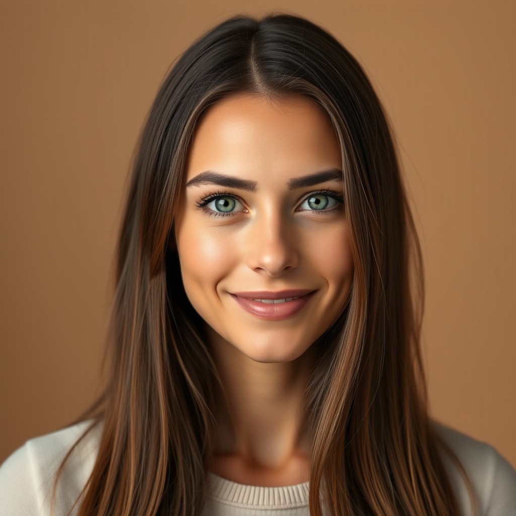 A high-resolution portrait of a 25-year-old woman with long brown hair and green eyes, smiling gently