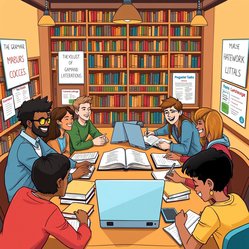 A lively and colorful cartoon-style illustration depicting a group of college students happily collaborating on grammar homework in a cozy library setting