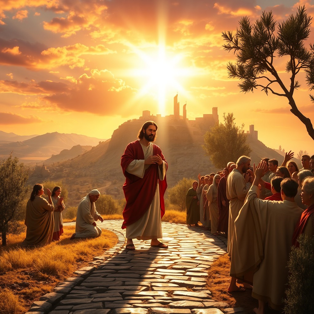 A beautifully rendered scene depicting the life of Jesus, showcasing key moments such as his birth in a humble stable illuminated by a bright star, teaching crowds on a hillside, performing miracles like healing the sick and feeding the hungry, and the miraculous moment of resurrection with a light radiating brightly around him