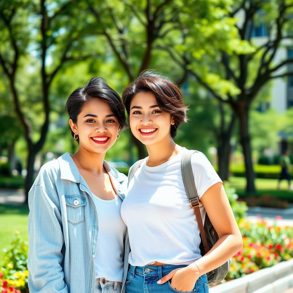 A confident young woman in a casual outfit, playfully poking her friend with a mischievous grin