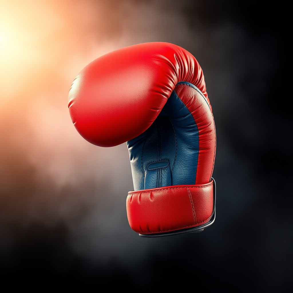 Un guante de boxeo realista en 3D, que destaca con colores vibrantes y un acabado brillante, mostrando detalles como costuras y textura de cuero