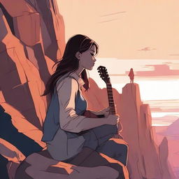 In Marvel style, render a side-profile of a girl on a rocky cliff during sunset. A man in the distance observes her, a guitar resting on his shoulder.