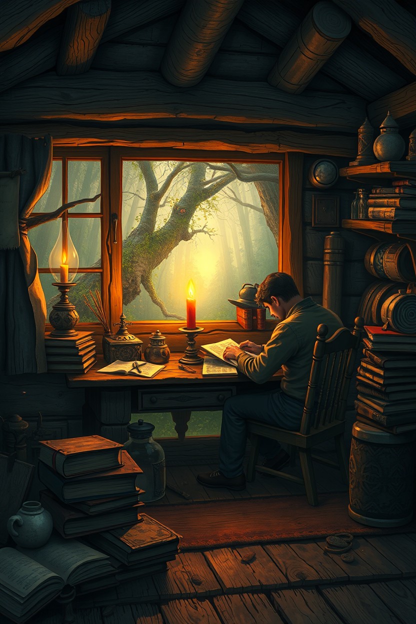 A solitary writer immersed in a fantastical adventure, sitting at a rustic wooden desk in a cozy cabin