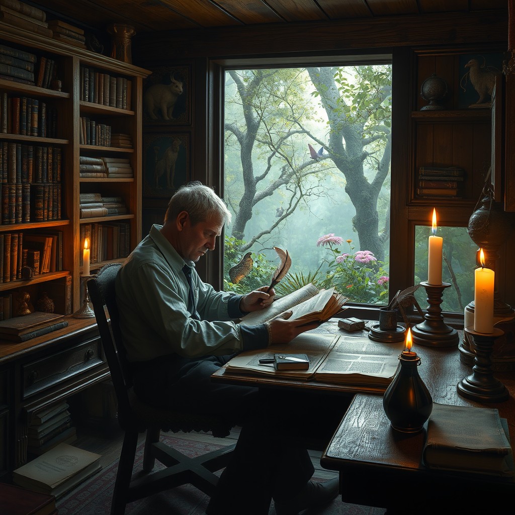 A solitary writer deeply engrossed in writing a fantasy adventure novel, seated at an antique wooden desk cluttered with parchment, quills, and ink pots