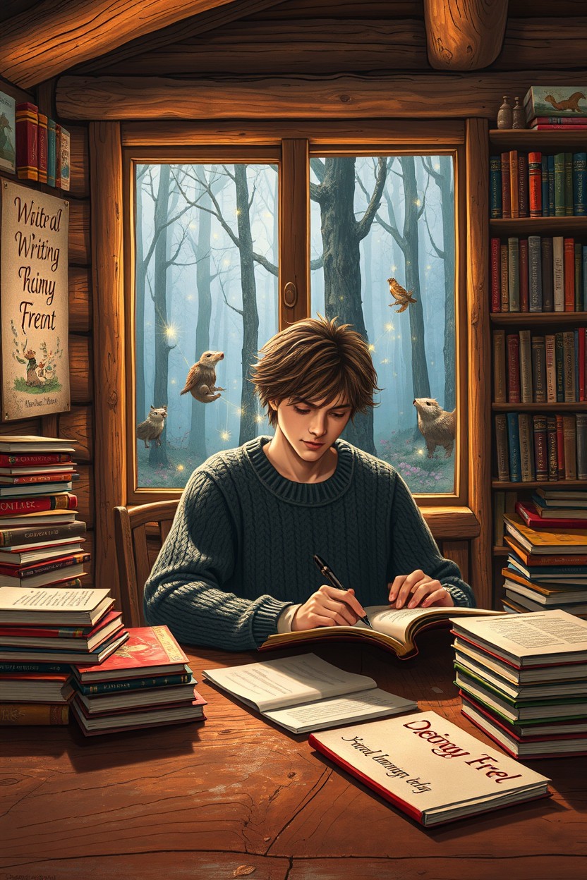 A young male writer, 20 years old, sitting at a rustic wooden desk in a cozy cabin, deeply engrossed in writing a romance fantasy novel