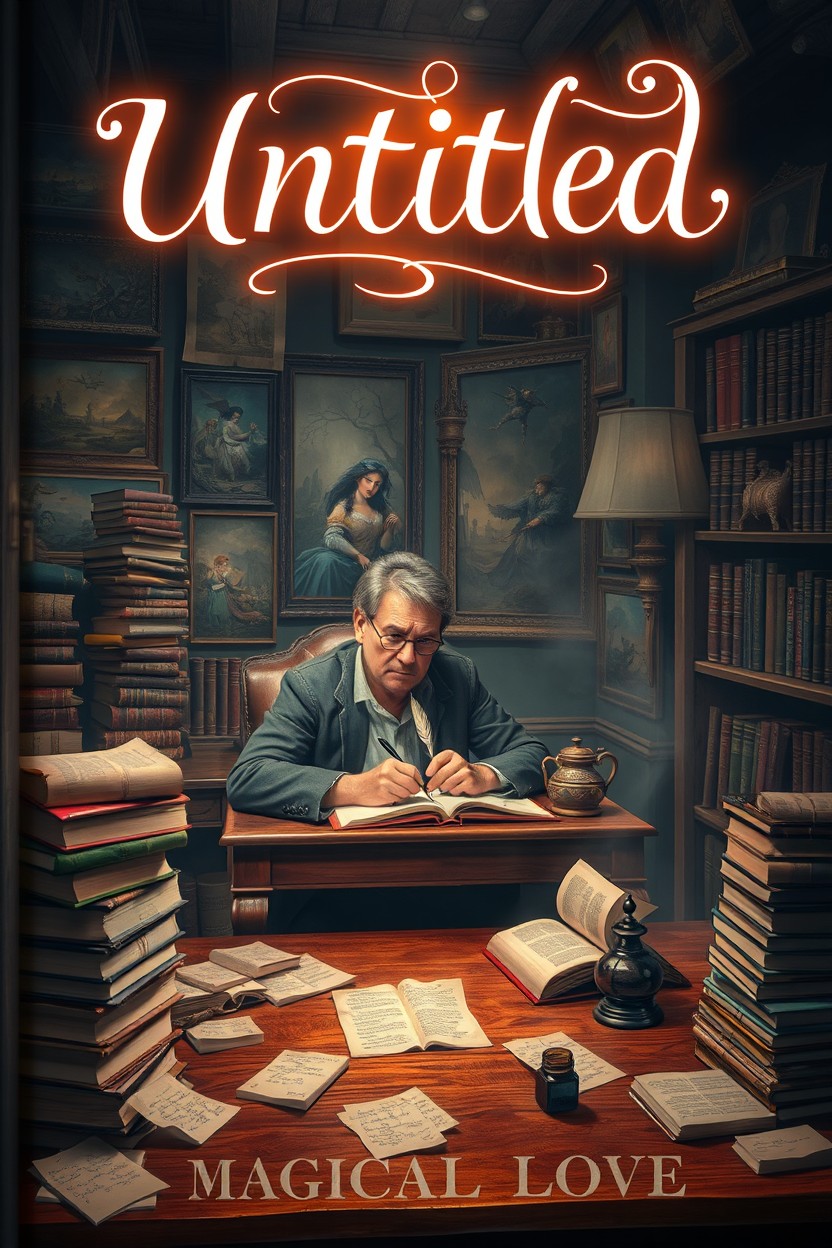 A book cover featuring a solitary writer sitting at a vintage wooden desk, surrounded by stacks of books and scattered parchment