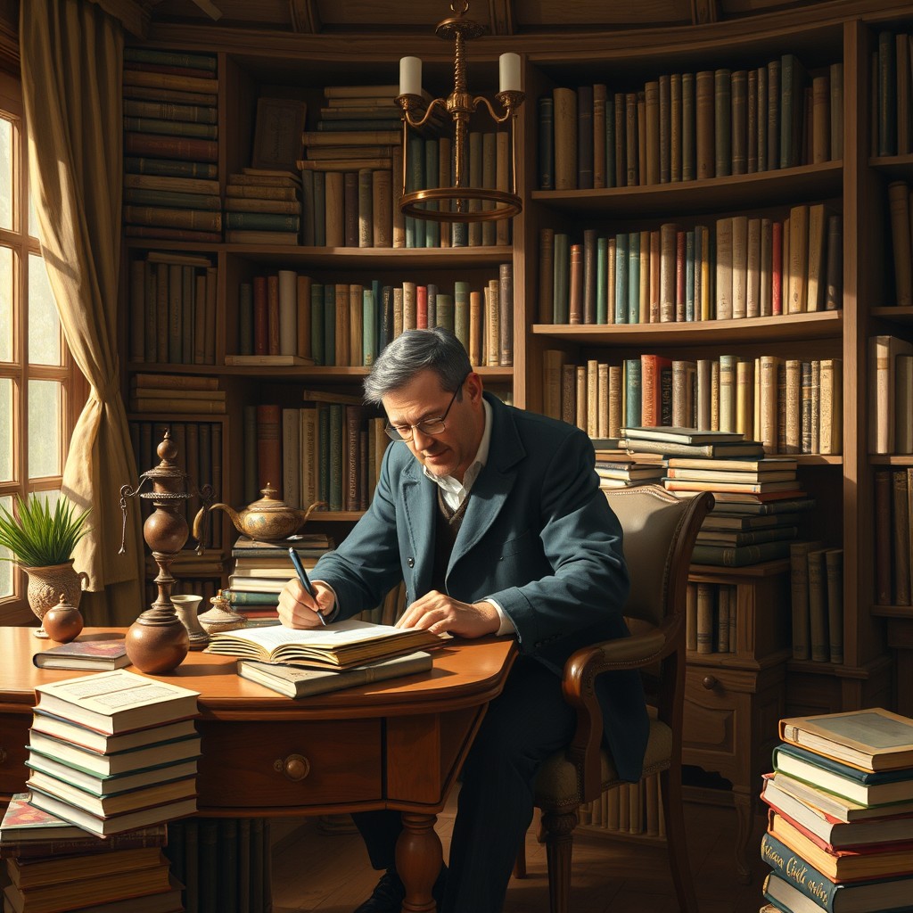 Обложка книги с изображением одинокого писателя, сидящего за винтажным деревянным столом, окруженного стопками книг и разрозненным пергаментом