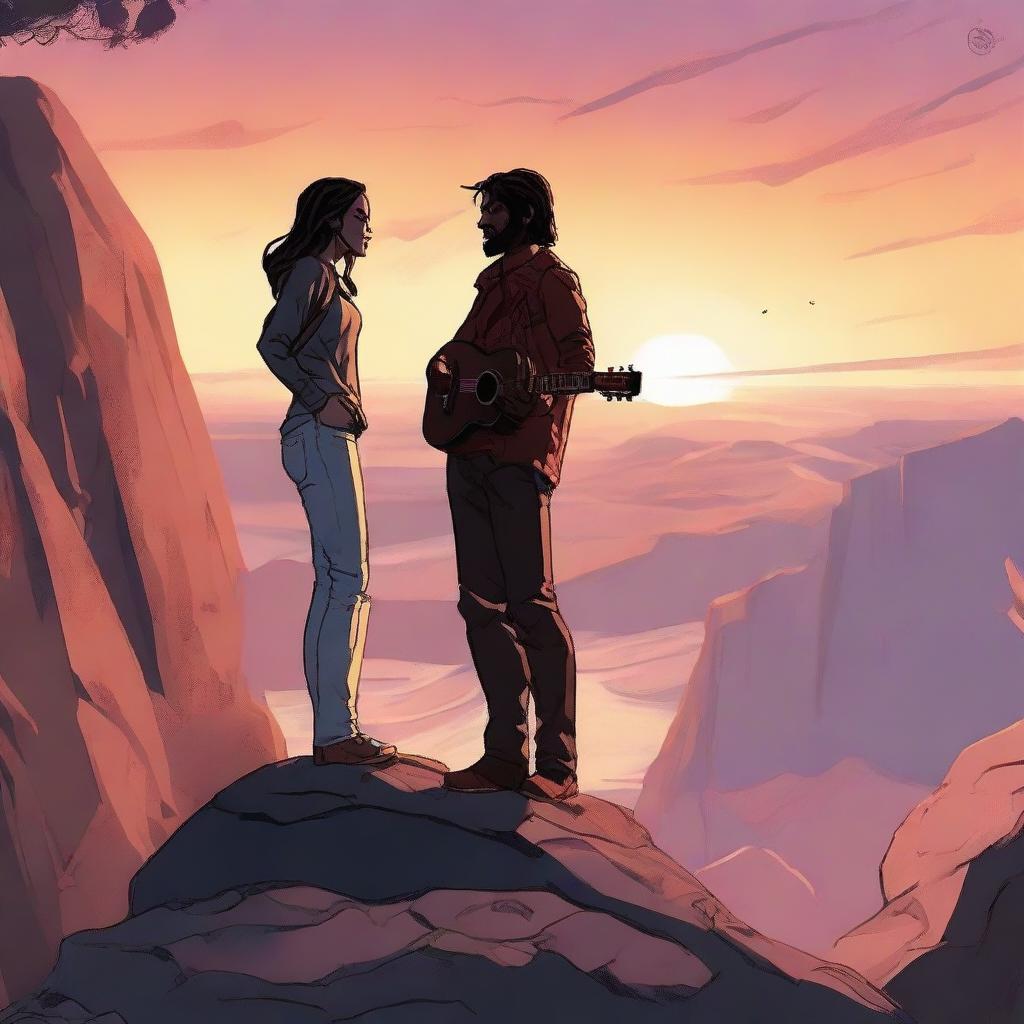 In Marvel style, render a side-profile of a girl on a rocky cliff during sunset. A man in the distance observes her, a guitar resting on his shoulder.