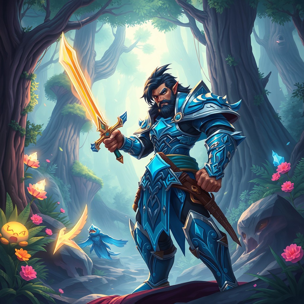 A vibrant illustration of a fantasy gaming scene featuring a heroic character named Arij