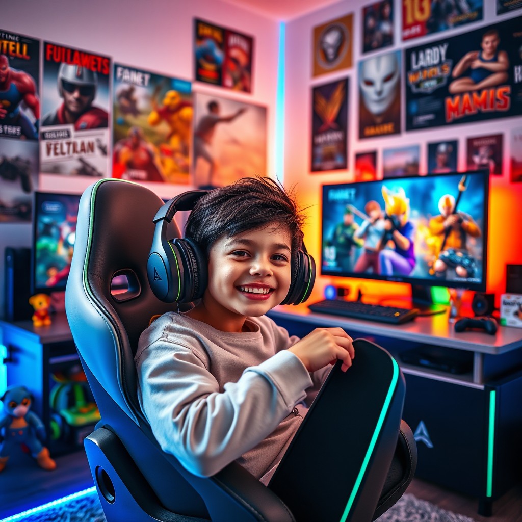 A young boy, with an enthusiastic expression, sitting in a modern gaming chair in a well-lit bedroom filled with gaming posters and colorful LED lights