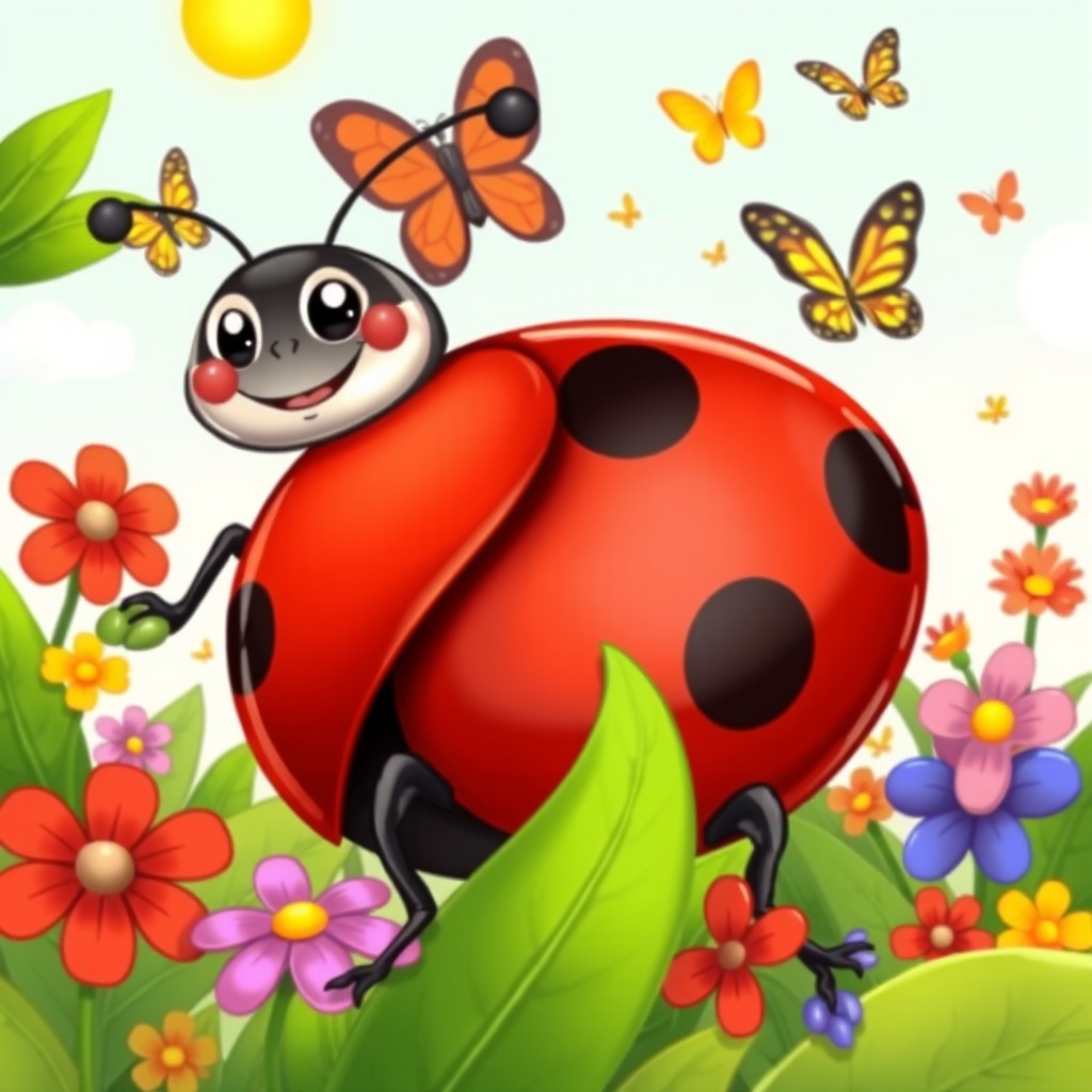 A vibrant and playful illustration of a ladybug with exaggerated features, especially a large, curvy backside