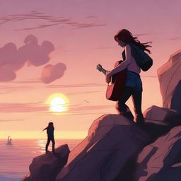 In Marvel style, render a side-profile of a girl on a rocky cliff during sunset. A man in the distance observes her, a guitar resting on his shoulder.