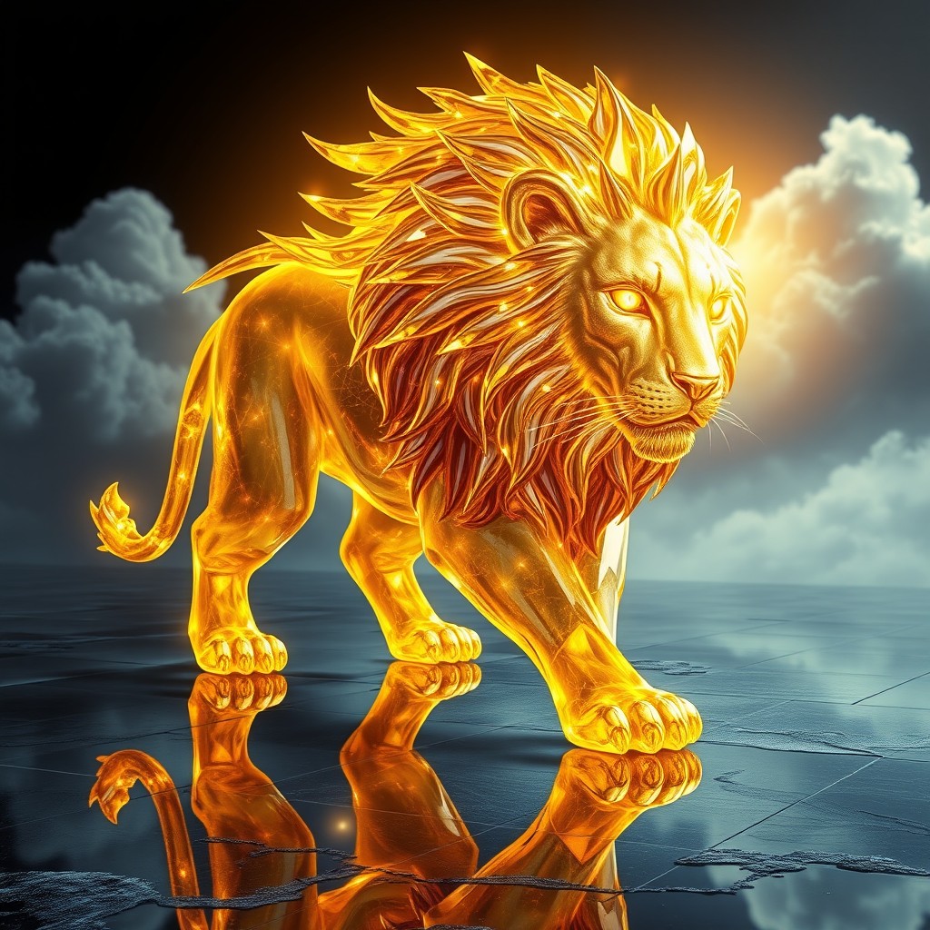 A majestic crystal lion glowing with golden lights, featuring a fiery, flowing mane and radiant, captivating eyes