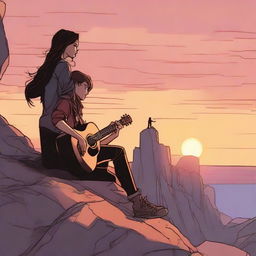 In Marvel style, render a side-profile of a girl on a rocky cliff during sunset. A man in the distance observes her, a guitar resting on his shoulder.