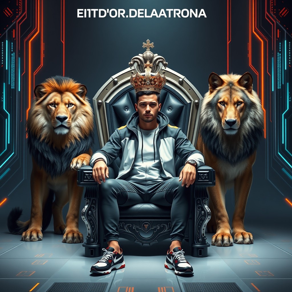 A male figure sitting on a stylish throne, dressed in sporty attire and wearing a regal crown