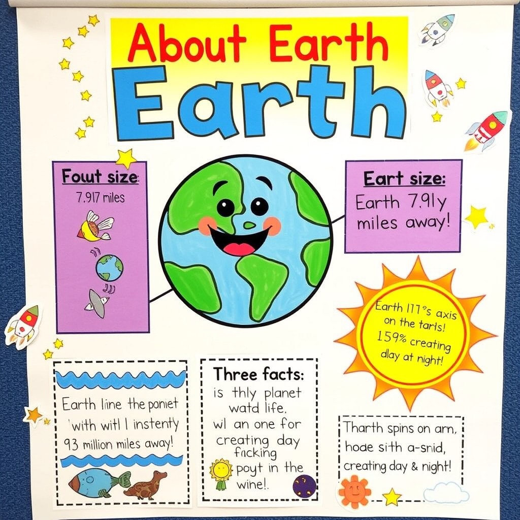 A colorful and engaging educational poster about Earth for a 2nd-grade classroom project