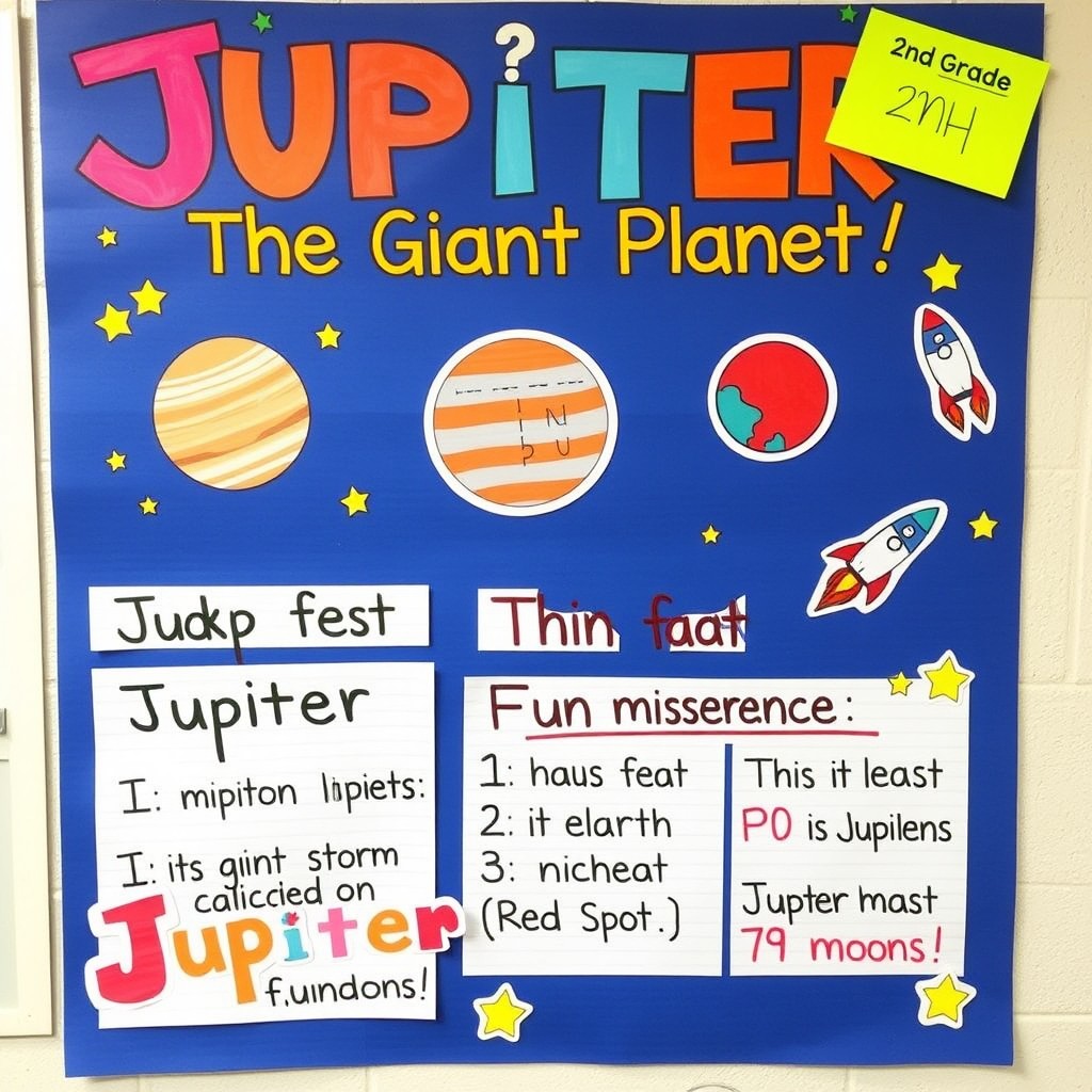 A colorful and vibrant educational poster about Jupiter for a 2nd-grade project, featuring a large title at the top that says 'Jupiter: The Giant Planet!'
