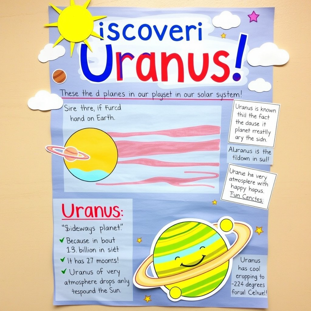 A fun and colorful educational poster about Uranus for a 2nd-grade project