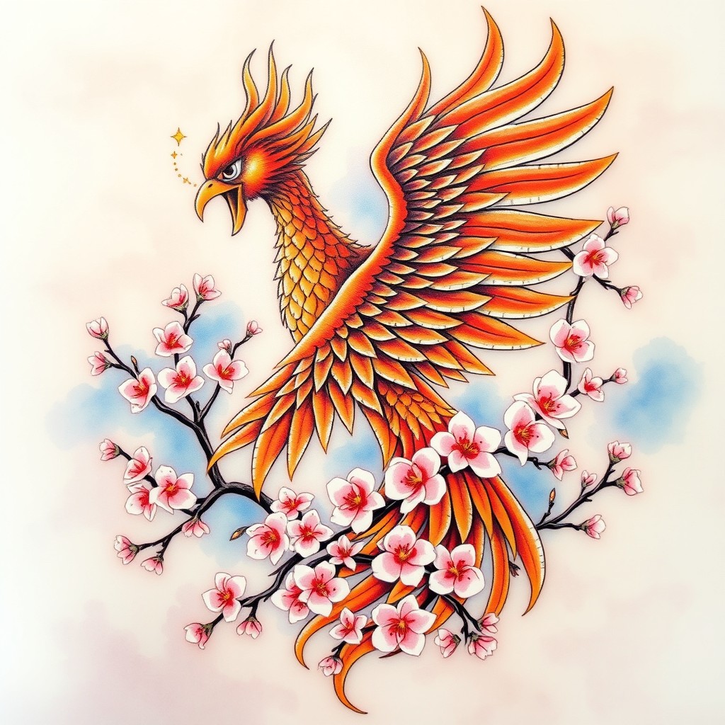 A beautifully detailed tattoo design featuring a majestic phoenix rising from flames, intricately intertwined with blooming cherry blossom branches