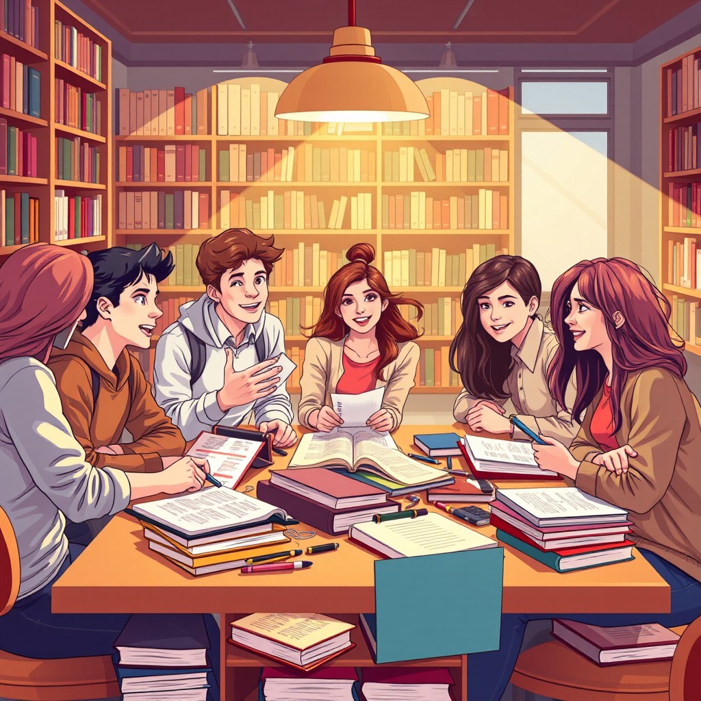 A vibrant and engaging illustration of college students working together on grammar homework in a library