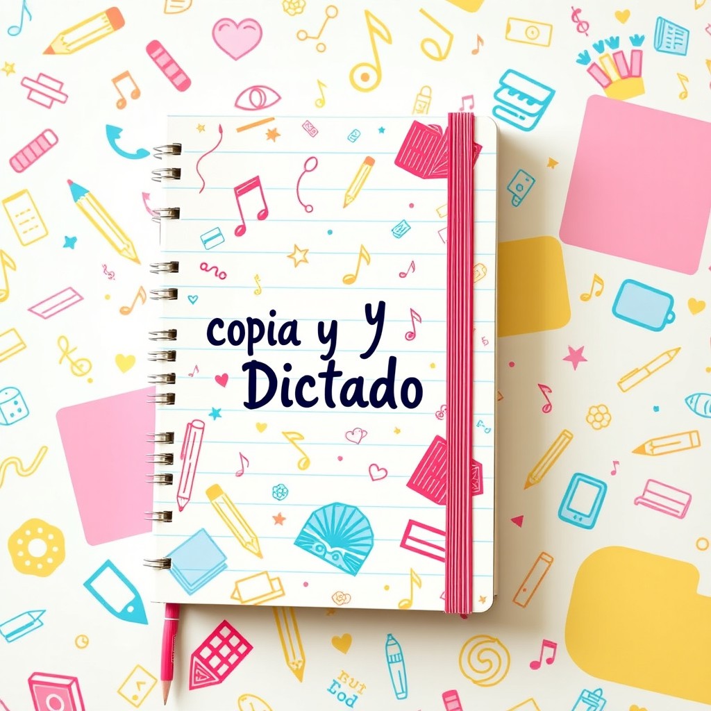 A charming notebook cover design for a school notebook titled "Copia y Dictado"