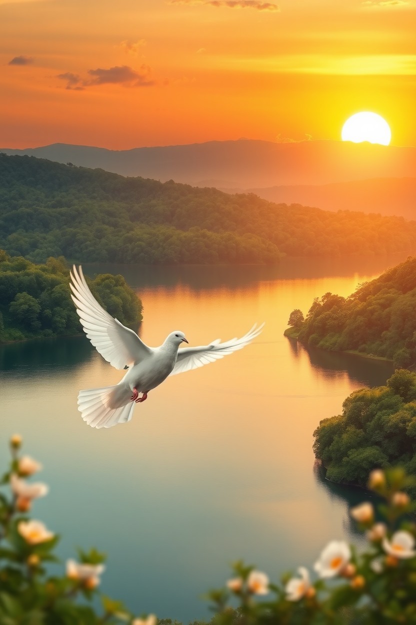 An artistic representation of peace symbolized through a serene landscape, featuring a tranquil lake surrounded by lush greenery under a vibrant sunset