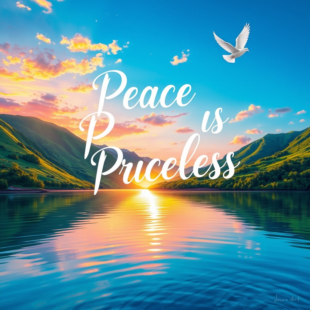 An inspiring and artistic depiction of the phrase "Peace Is Priceless" illustrated through a stunning landscape