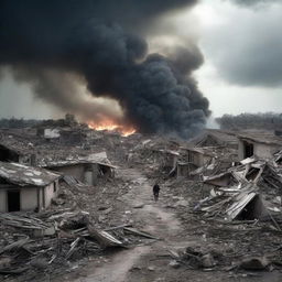 Generate a dramatic image of the village in chaos, structures beginning to collapse and residents in panic, symbolizing a situation spiraling out of control.