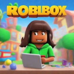 A high-quality, digital art rendition of a book cover, featuring a cheerful Italian-Jamaican girl engrossed in her laptop screen, which displays the vibrant world of Roblox