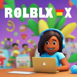 A high-quality, digital art rendition of a book cover, featuring a cheerful Italian-Jamaican girl engrossed in her laptop screen, which displays the vibrant world of Roblox