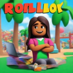 A high-quality, digital art rendition of a book cover, featuring a cheerful Italian-Jamaican girl engrossed in her laptop screen, which displays the vibrant world of Roblox