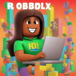 A high-quality, digital art rendition of a book cover, featuring a cheerful Italian-Jamaican girl engrossed in her laptop screen, which displays the vibrant world of Roblox