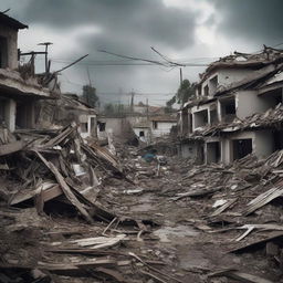 Generate a dramatic image of the village in chaos, structures beginning to collapse and residents in panic, symbolizing a situation spiraling out of control.