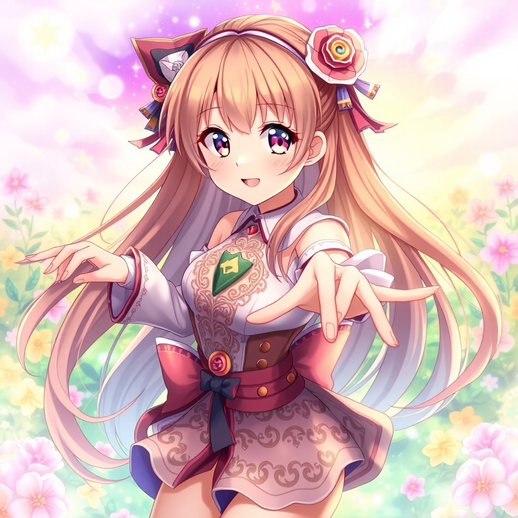 A beautifully designed anime girl with long flowing hair, bright expressive eyes, and a charming smile, wearing a detailed fantasy outfit adorned with intricate patterns