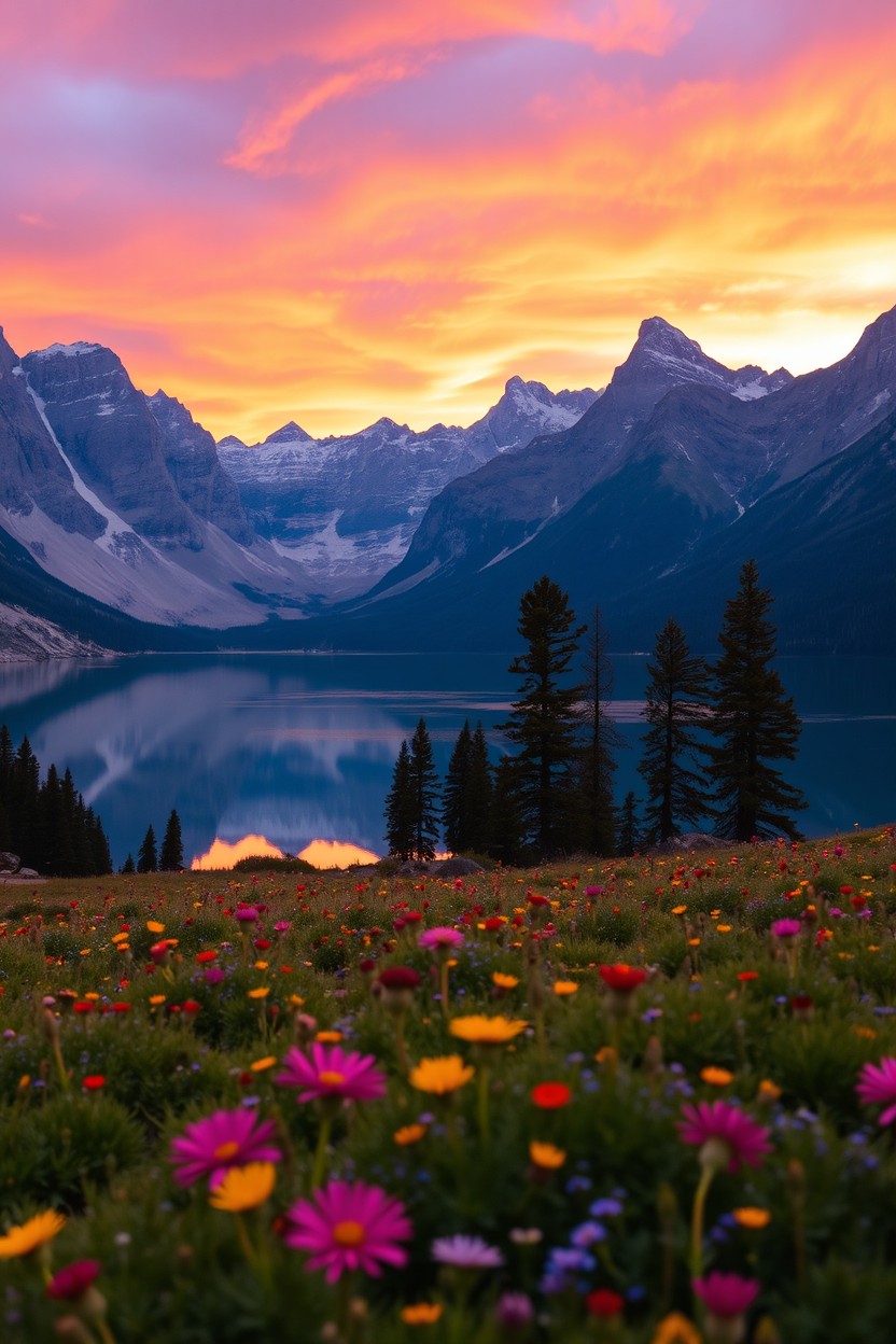 A majestic mountain landscape during sunset, featuring a serene lake reflecting the vibrant orange and purple hues of the sky