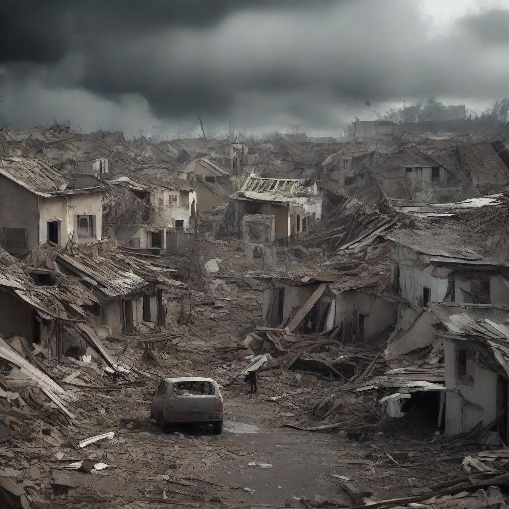 Generate a dramatic image of the village in chaos, structures beginning to collapse and residents in panic, symbolizing a situation spiraling out of control.