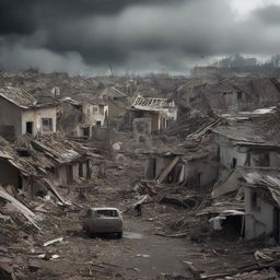 Generate a dramatic image of the village in chaos, structures beginning to collapse and residents in panic, symbolizing a situation spiraling out of control.