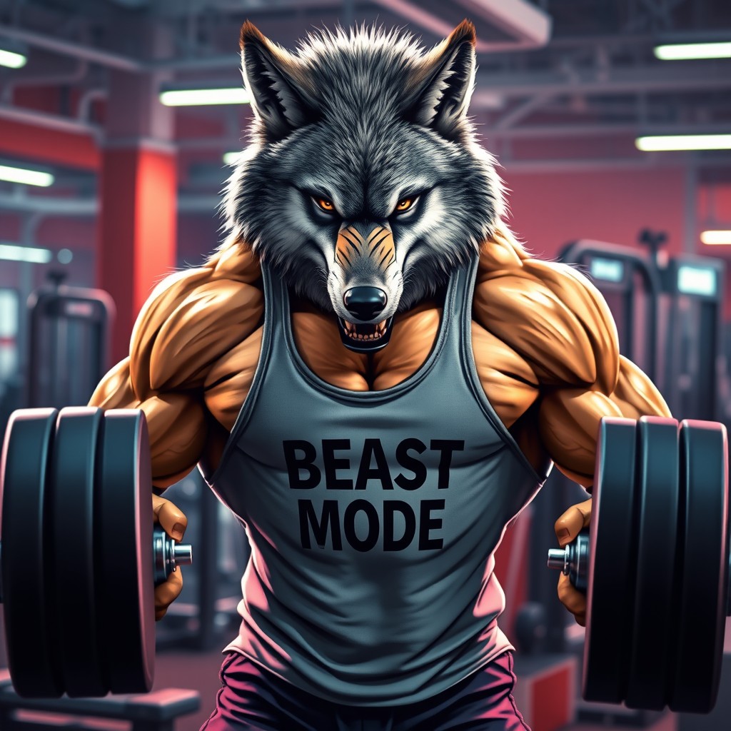An imposing and muscular wolf at the gym, showcasing its strength and anger as it lifts heavy weights