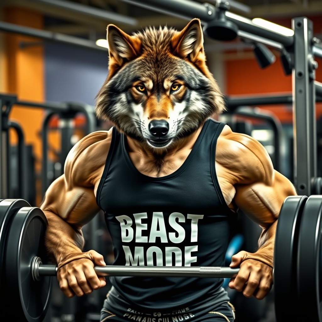 A fierce and muscular wolf at the gym, intensely focused as it lifts a heavy barbell loaded with weights