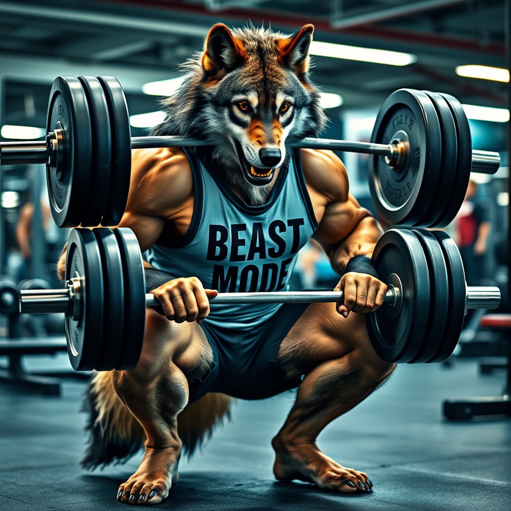 An aggressive and muscular wolf squatting with a heavily loaded barbell at the gym, embodying strength and determination