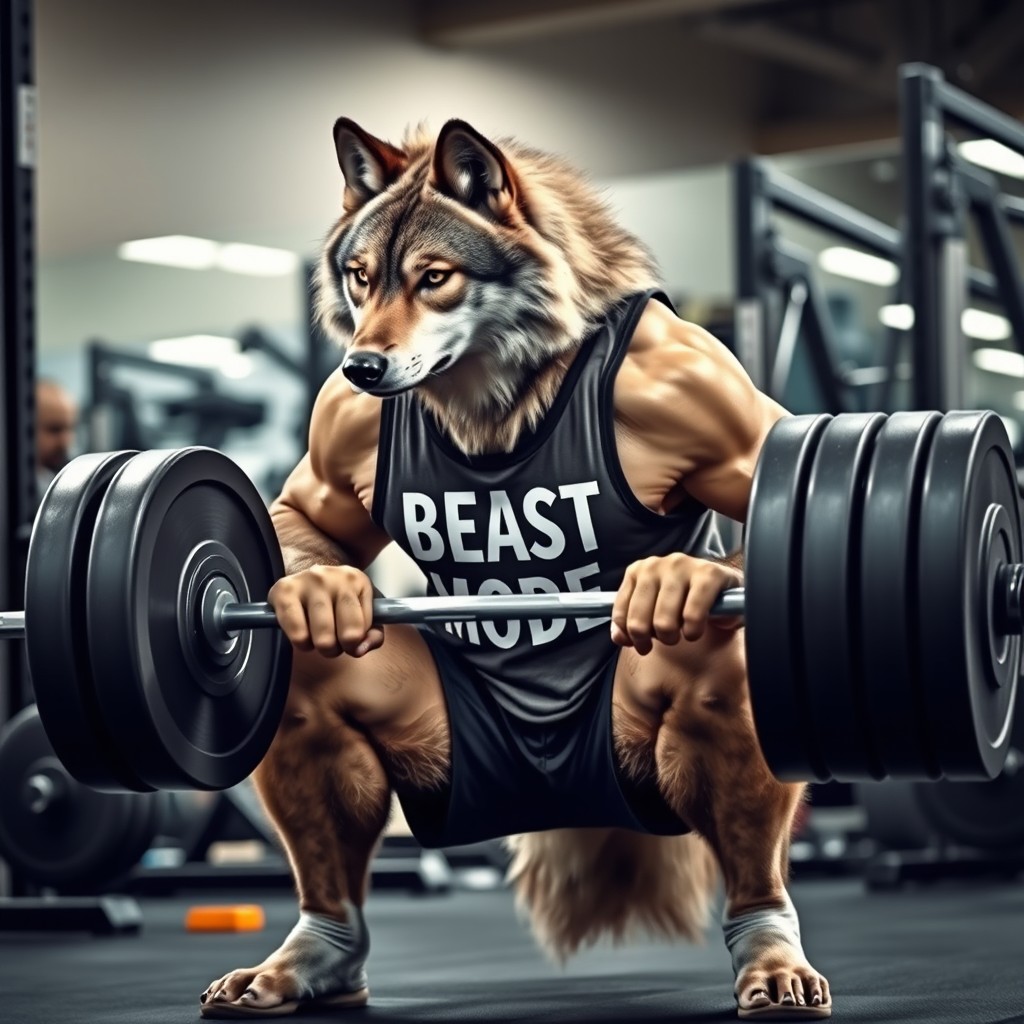 An intense and muscular wolf in a gym, performing a heavy squat with a large barbell loaded with weights