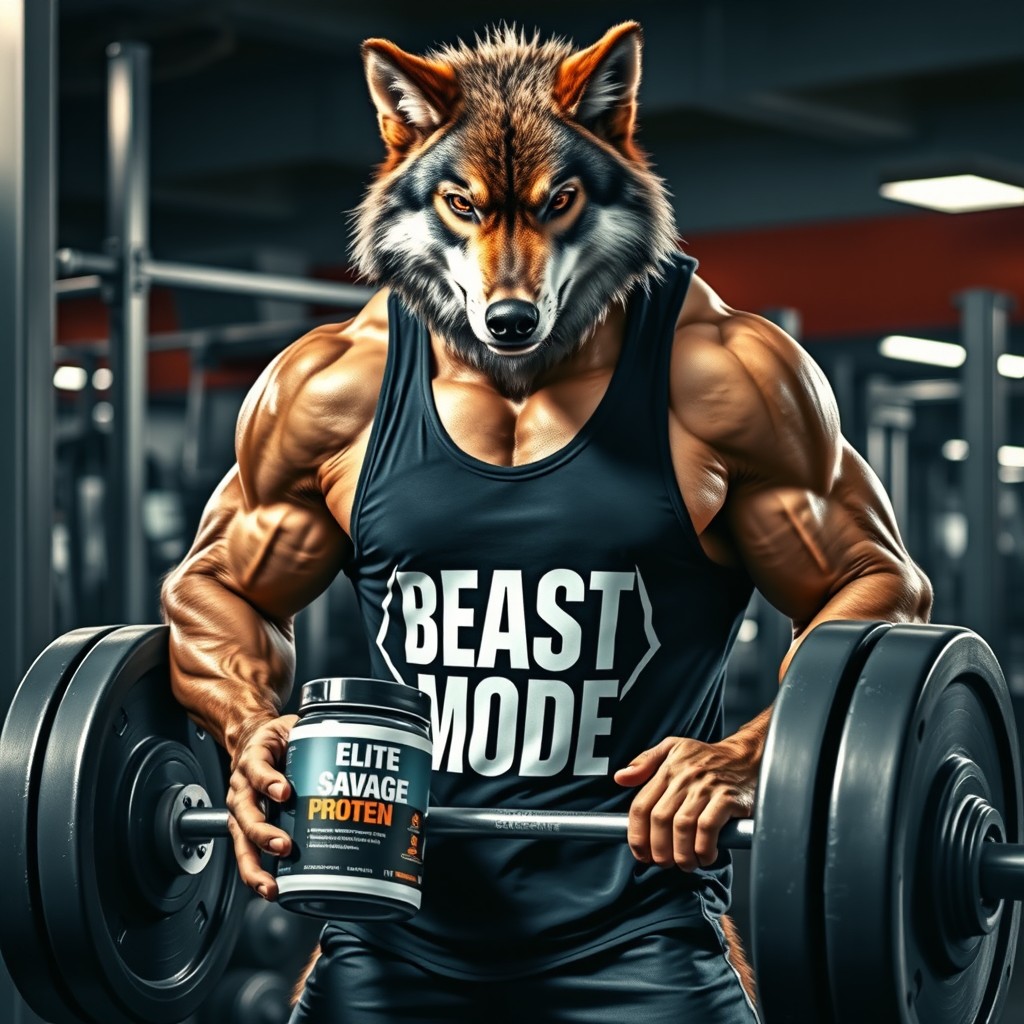 A fierce and muscular wolf standing next to a heavy barbell in a gym, wearing a tank top that reads 'Beast Mode'