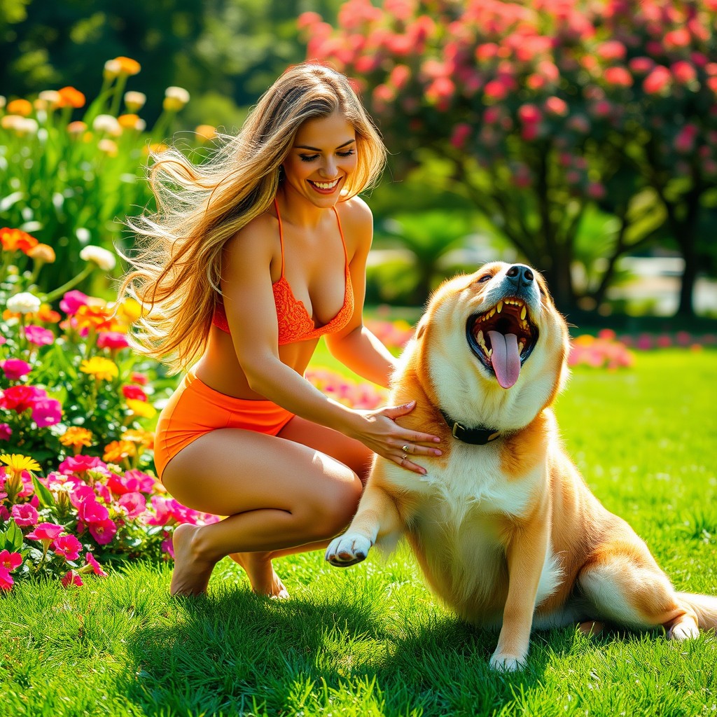 A beautiful, hot woman joyfully interacting with a large, playful dog in a vibrant park setting, surrounded by colorful flowers and green grass