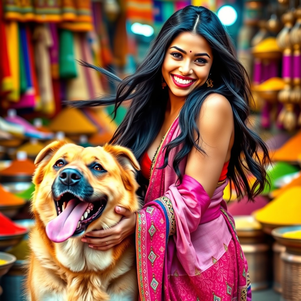 A hot Indian girl with long, flowing black hair and a playful expression, playfully booping a large dog