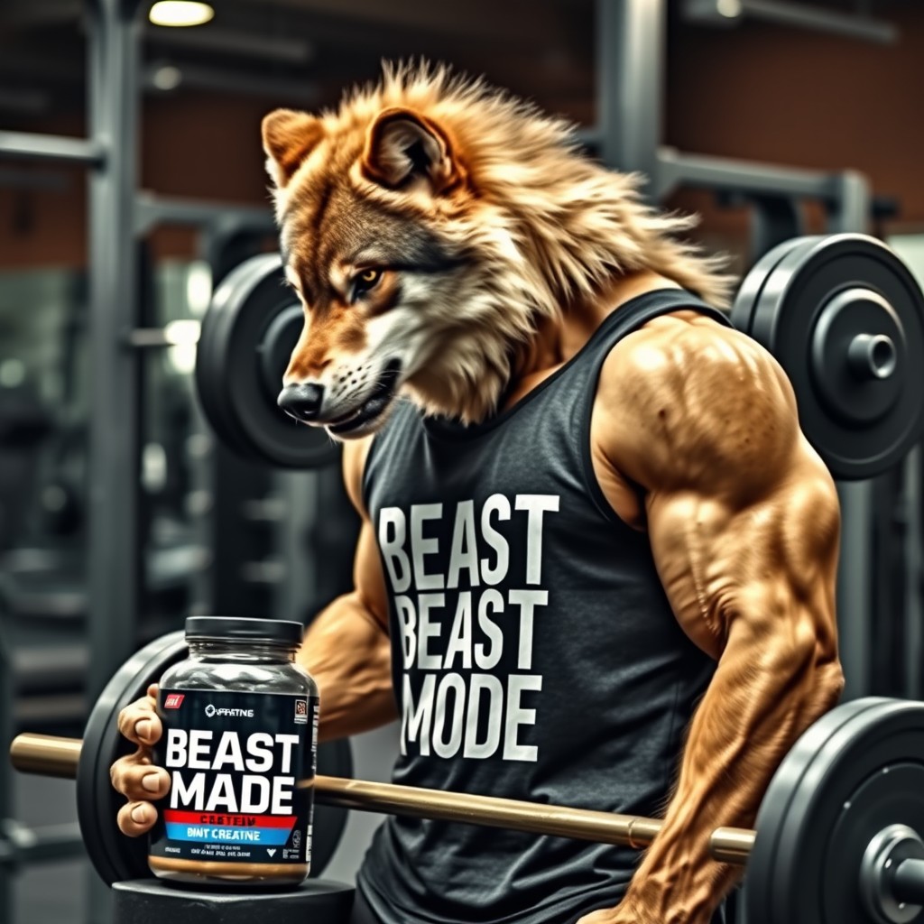 A fierce and muscular wolf standing next to a heavy barbell in a gym, wearing a tank top that reads 'Beast Mode'