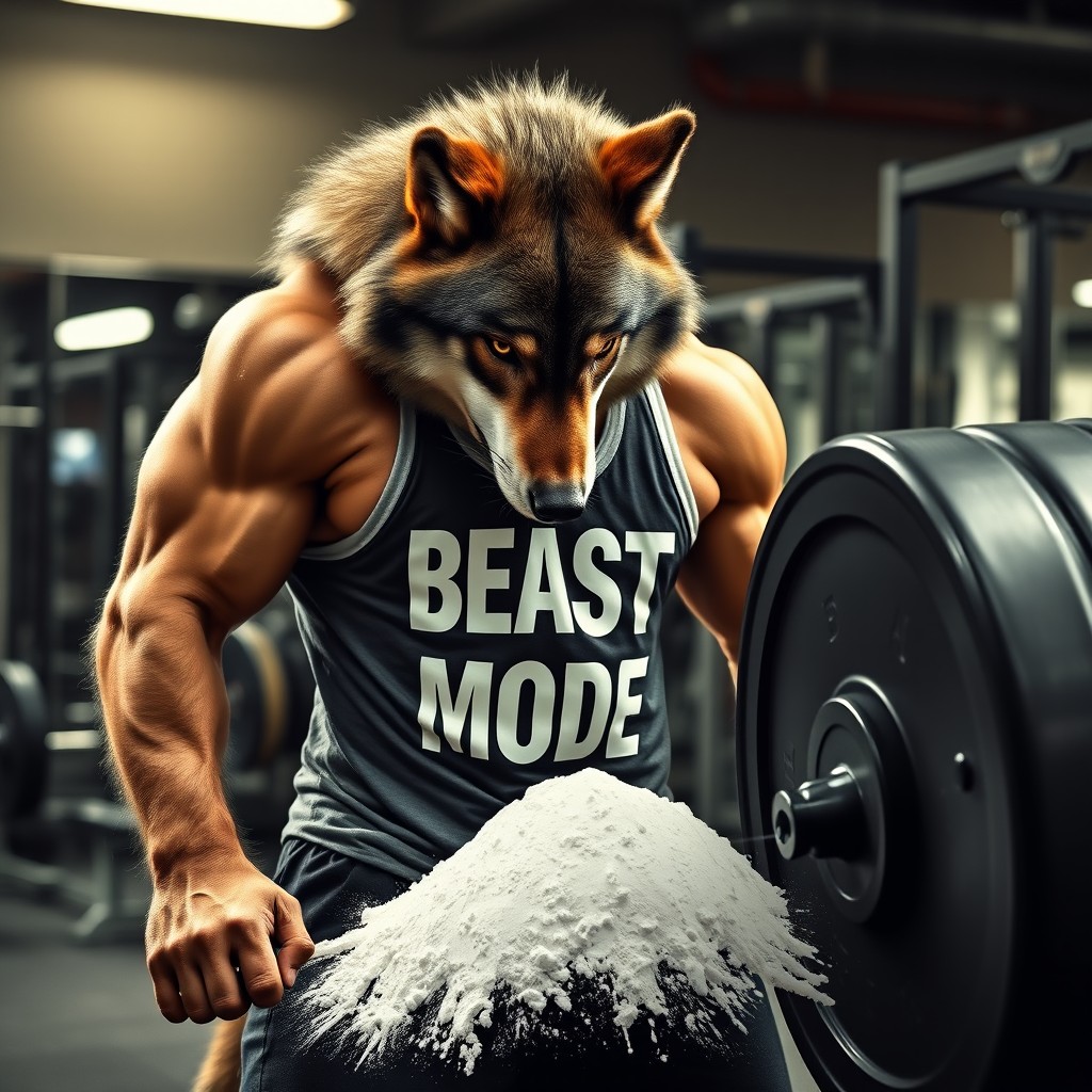 A fierce and muscular wolf standing next to a heavy barbell in a gym, wearing a tank top that reads 'Beast Mode'