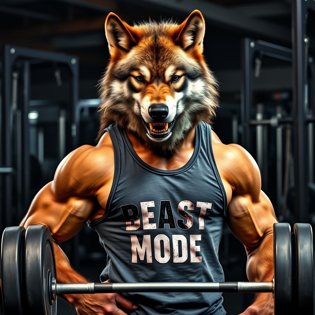 An angry wolf standing next to a heavy barbell in a gym, confidently wearing a tank top that reads 'Beast Mode'