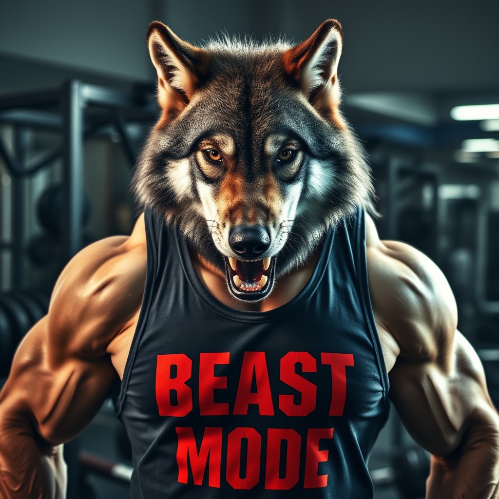 An angry and muscular wolf at the gym, prominently wearing a tank top that reads 'Beast Mode'