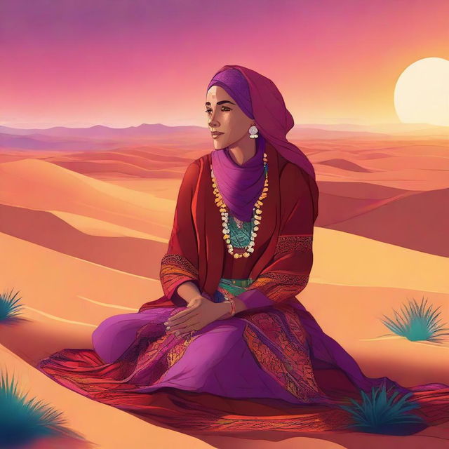 A vividly colorful and animated rendition of a Moroccan woman, sitting in the desert while passionately telling stories to a diverse group of engaged listeners. She is set against a backdrop of vast desert dunes under a vibrant sunset.