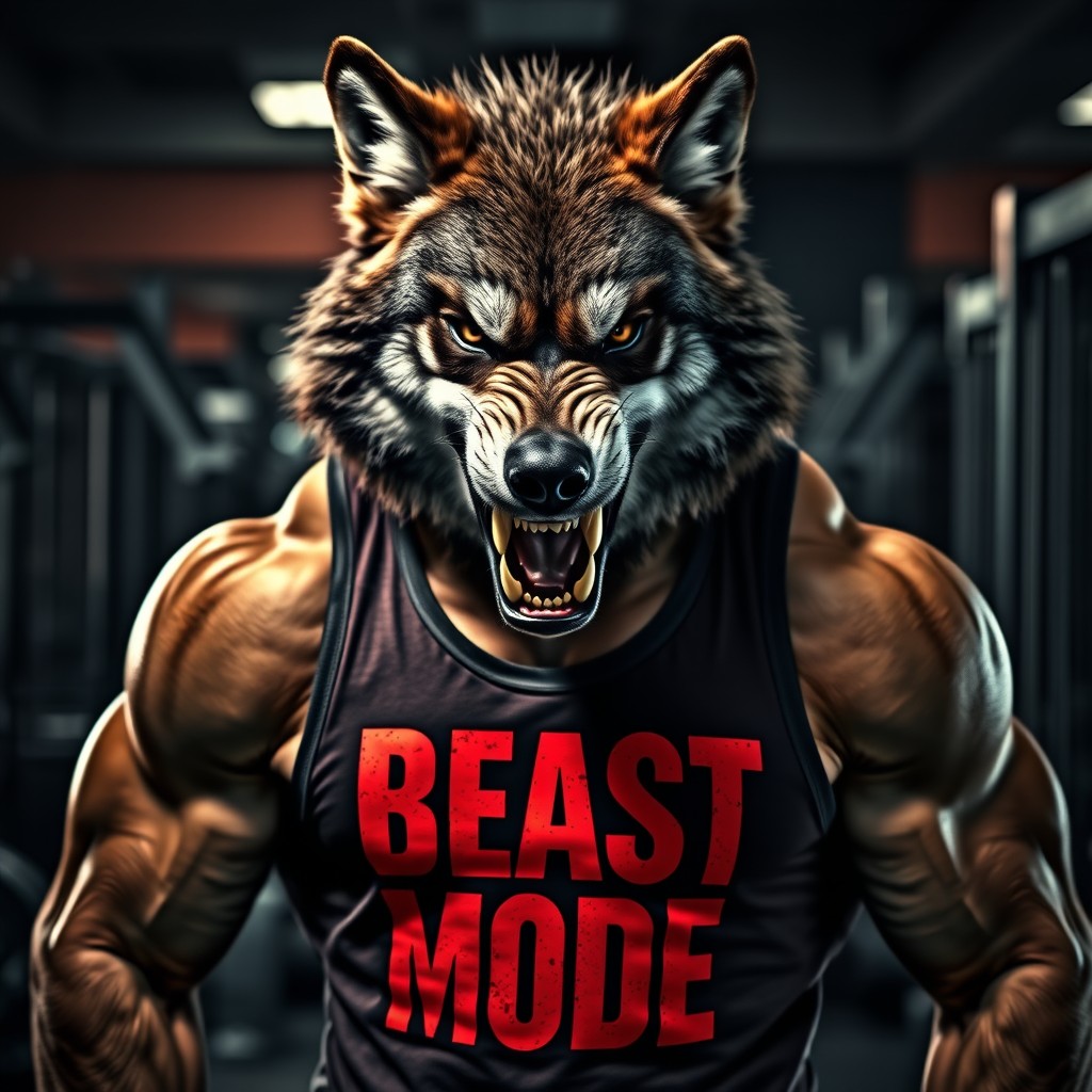A scary, muscular wolf at the gym, wearing a tank top that prominently displays the words 'Beast Mode'